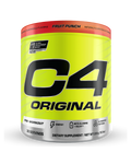 C4 Original pre-workout supplement container with yellow body and red top on a white background