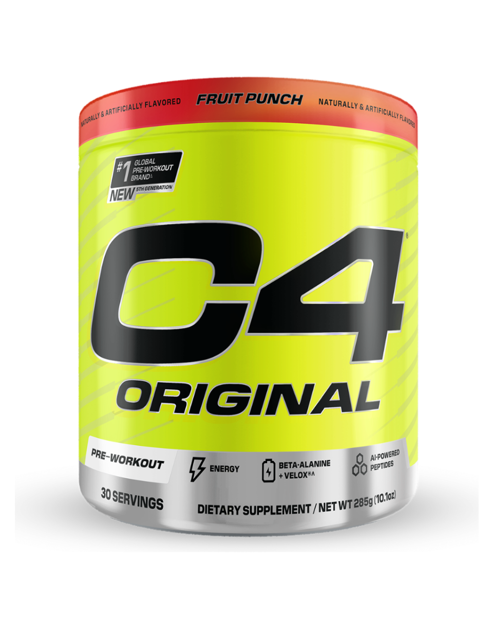C4 Original pre-workout supplement container with yellow body and red top on a white background