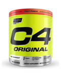 C4 Original pre-workout supplement container with yellow body and red top on a white background