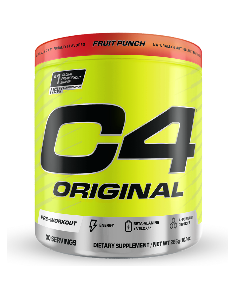 C4 Original pre-workout supplement container with yellow body and red top on a white background