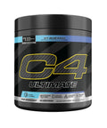 A black tub of C4 Ultimate pre-workout dietary supplement, featuring a black label with a large textured gold and black 'C4' logo, 'ULTIMATE' in white, and flavor text 'ICY BLUE RAZZ' on a light blue band.
