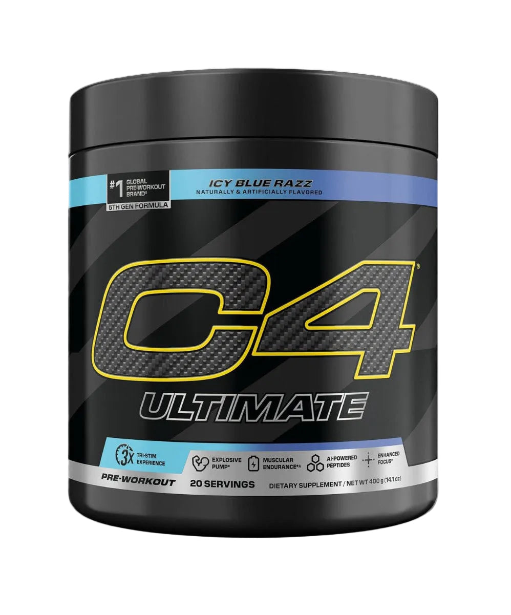 A black tub of C4 Ultimate pre-workout dietary supplement, featuring a black label with a large textured gold and black 'C4' logo, 'ULTIMATE' in white, and flavor text 'ICY BLUE RAZZ' on a light blue band.